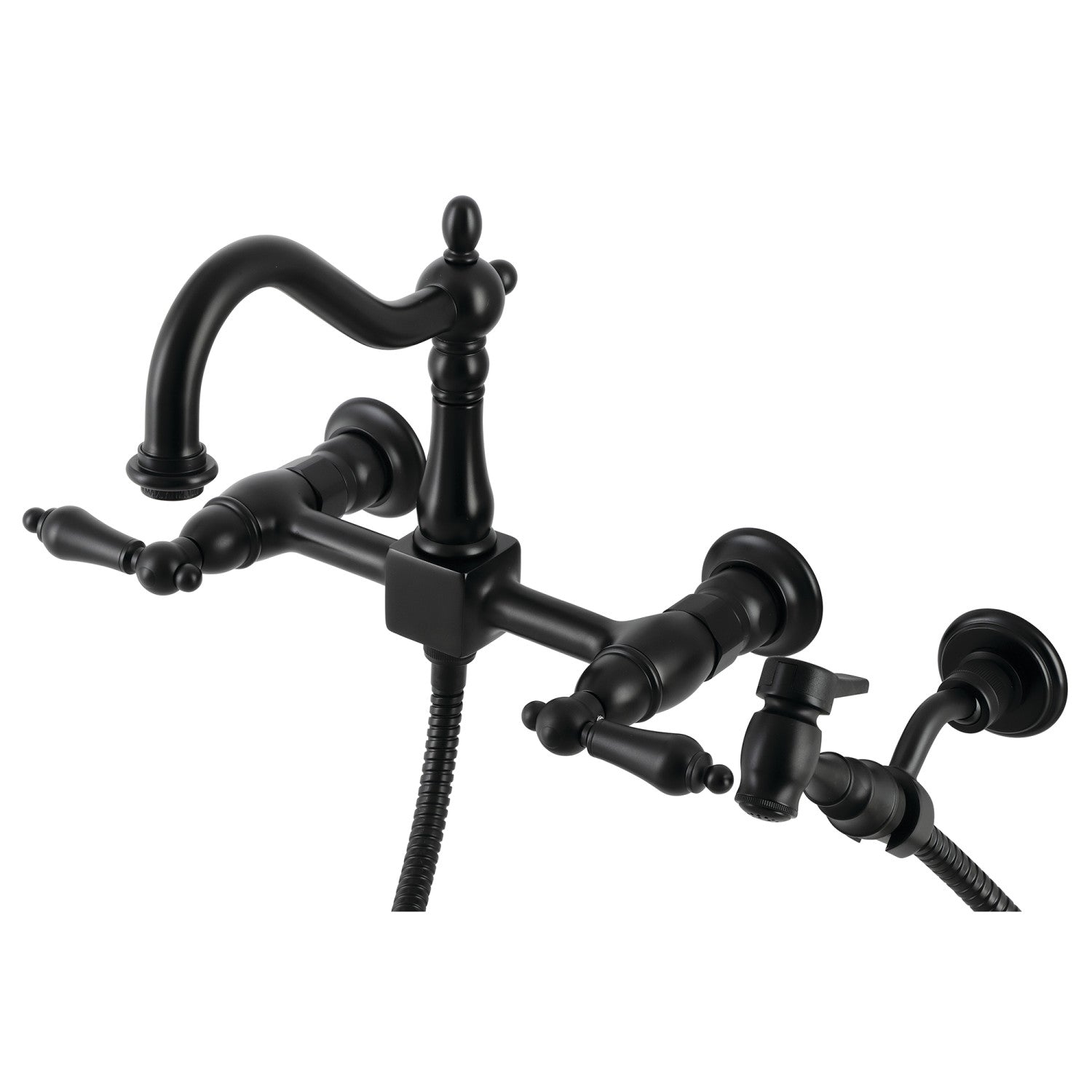 Kingston Heirloom KS1260ALBS - Heritage Two-Handle 3-Hole Wall Mount Bridge Kitchen Faucet with Brass Sprayer, Matte Black — image 1